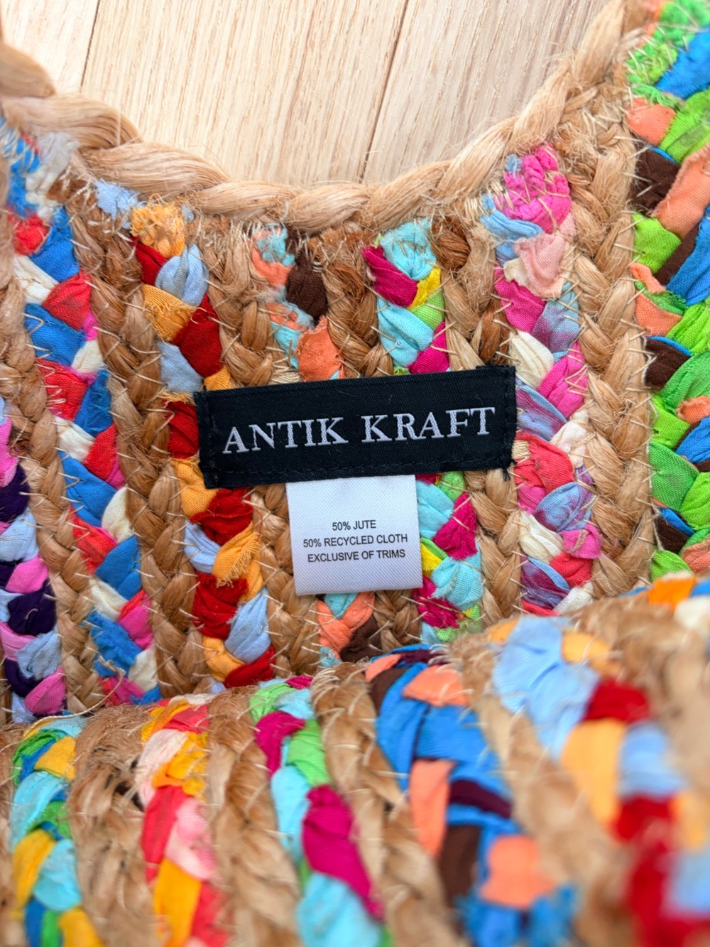 Antik Kraft Multicolor Braided Jute Tote Bag Rainbow Woven Boho Beach Market Bag - Picture 2 of 5